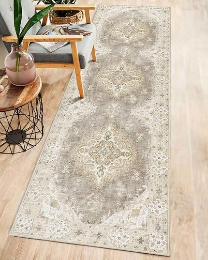 MUJOO Hallway Runner Rug 2'x8' Beige,Long Boho Rug Runners Washable Non Slip Carpet for Entryway Kitchen Bathroom Bedside,Vintage Bohemian Distressed Farmhouse Non Slip Carpet,Floral