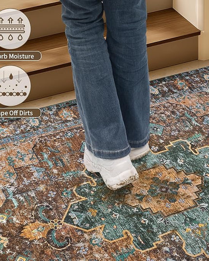 Ciicool Boho Machine Washable Area Rug, 4x6 Rugs for Living Room Non-Slip Bedroom Rug Vintage Rug Ultra-Thin Throw Distressed Large Low-Pile Carpet for Dining Room Office