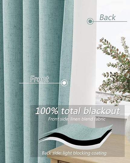 Guken 100% Blackout Linen Curtains 72 Inch Length 2 Panels Set for Living Room Bedroom Back Tab Thermal Insulated Black Out Linen Drapes Room Darkening Window Curtains,Light Blue