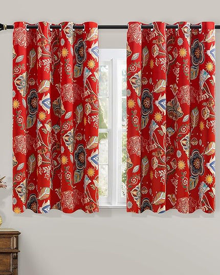 XiDi 100% Blackout Red Floral Curtains 63 Inches Long 2 Panels Vintage Botanical Leaf Patterned Curtains for Living Room Bedroom Thermal Insulated Room Darkening Grommet Luxury Colorful Drapes 52x63
