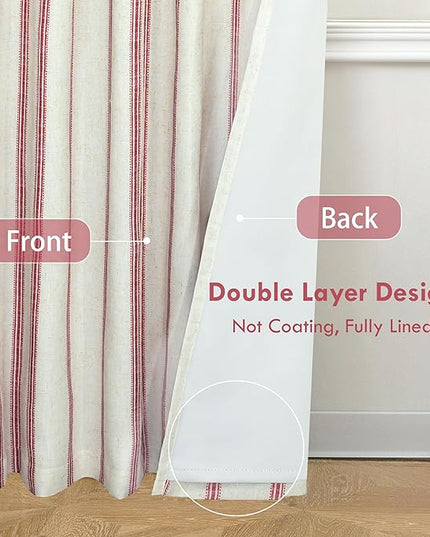 DriftAway Farmhouse Linen Blend Blackout Curtains 84 Inches Long for Bedroom Vertical Striped Printed Linen Curtains Thermal Insulated Lined Treatments for Living Room 2 Panels W52 x L84 Linen Red