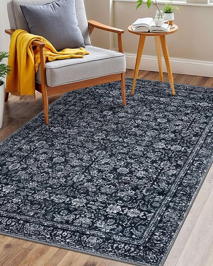 3x5 Entryway Area Rug Black Washable Soft Distressed Floral Rugs, Non-Slip Low-Pile Vintage Neutral Carpet for Entryway Nursery Bedroom Dining Dorm Living Room