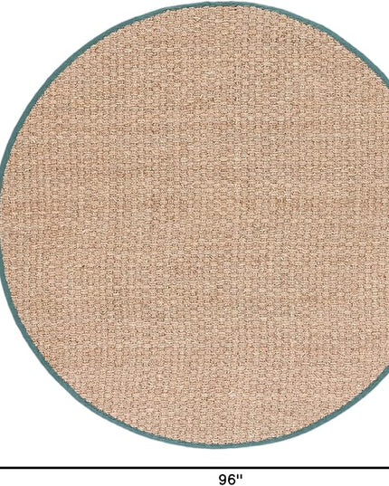 SAFAVIEH Area Rug 8' Round - Natural Fiber Collection - Natural & Light Blue, Seagrass, Basketweave Pattern with Border (NF114M)