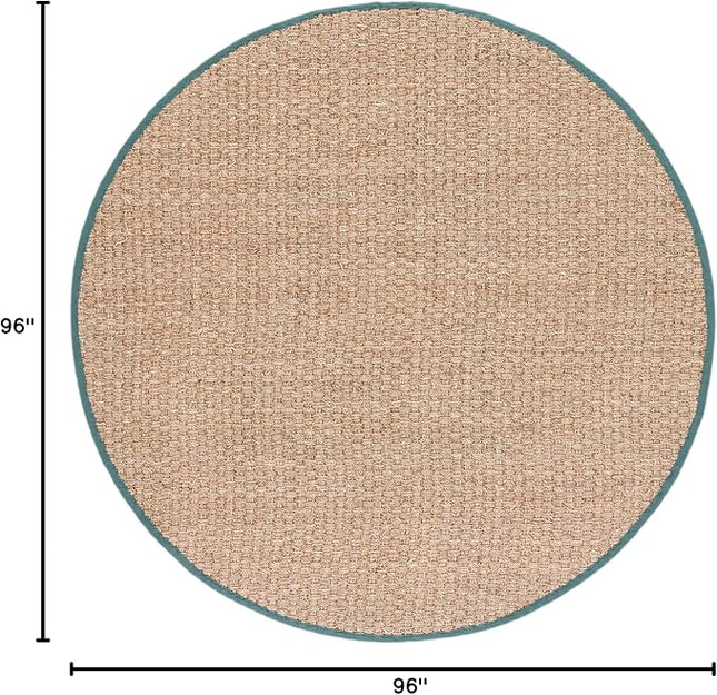 SAFAVIEH Area Rug 8' Round - Natural Fiber Collection - Natural & Light Blue, Seagrass, Basketweave Pattern with Border (NF114M)