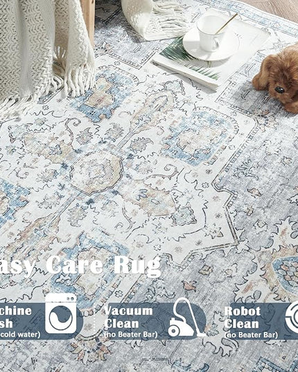 jinchan Oriental 3x5 Area Rugs for Entryway - Machine Washable Non-Slip Doormat Ultra-Thin Low-Pile Vintage Floral Distressed Accent Rug for Entrance Bedroom Kitchen Living Room（3x5ft, Grey/Blue