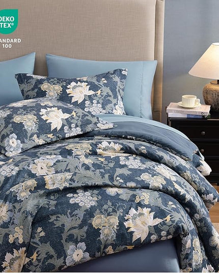 King Comforter Set -7 Pieces Floral Navy Blue Comforter Set for All Seasons, Bed in a Bag King with Botanical Flowers Comforter, Sheets, Pillowcases & Shams