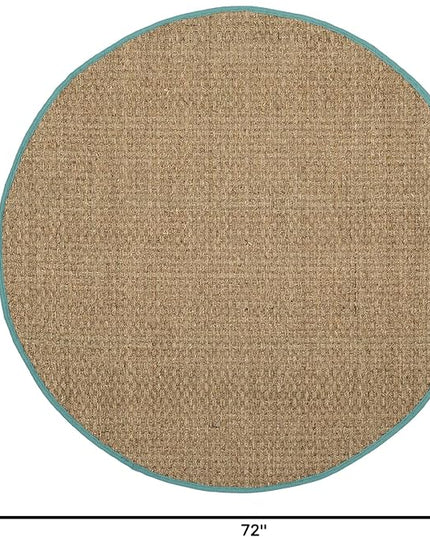 SAFAVIEH Area Rug 6' Round - Natural Fiber Collection - Natural & Teal, Seagrass, Basketweave Pattern with Border (NF114R)