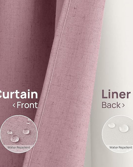 Blush Pink No Hooks Linen Shower Curtain with Snap in Liner Set Rustic Farmhouse Shower Curtains for Bathroom Cream Burlap Cloth Double Bath Curtains with See Through Top Window 72x75