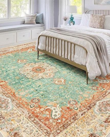 5x7 Area Rugs Washable,Boho Rug for Living Room Bedroom Kitchen,Large Vintage Bohemian Distressed Farmhouse Carpet Non Slip,Retro Orange Green Floral