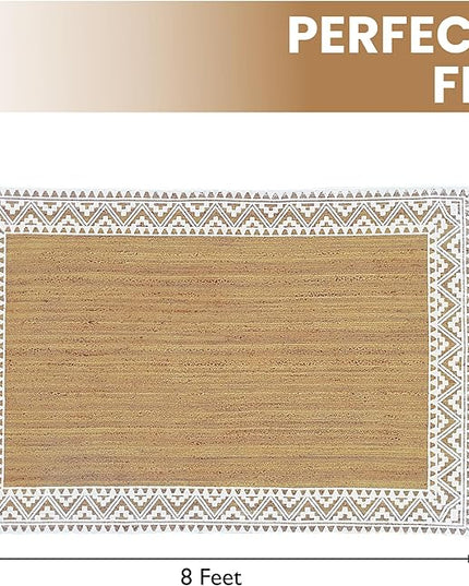 voyzz home 5X8 Feet-Rectangular, Premium Natural Jute Braided Area Rug, White Printed Border, Stain Resistance, Natural Brown, Handmade Rug for Entryways, Living Room, Dining Room, Bedroom, Farmhouse