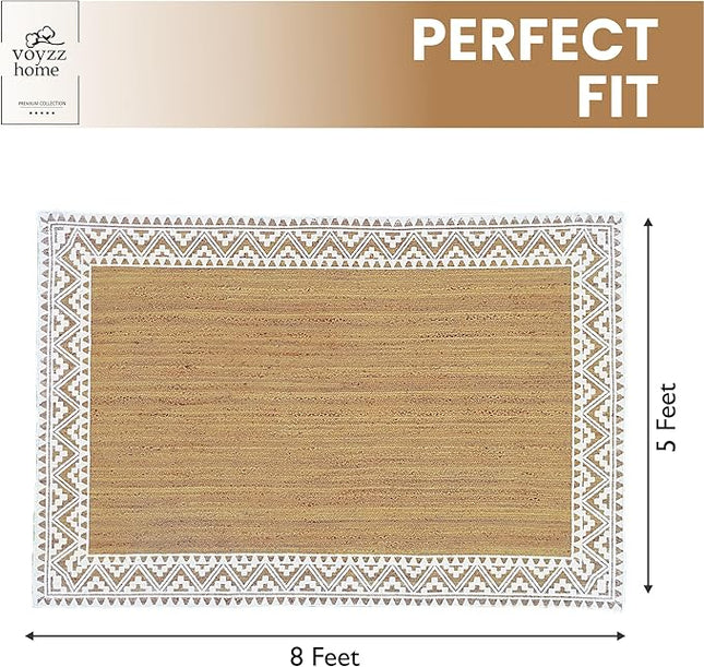 voyzz home 5X8 Feet-Rectangular, Premium Natural Jute Braided Area Rug, White Printed Border, Stain Resistance, Natural Brown, Handmade Rug for Entryways, Living Room, Dining Room, Bedroom, Farmhouse