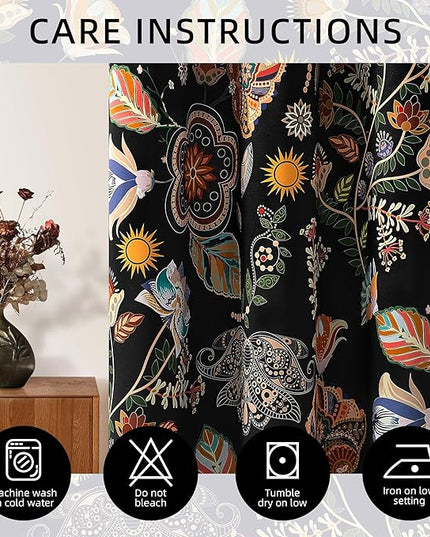 XiDi Black Dark Floral Curtains 63 Inches Long 2 Panels 100% Blackout Patterned Curtains Decorative Thermal Insulated Luxury Vintage Flower Botanical Printed Drapes Grommet for Living Room Bedroom