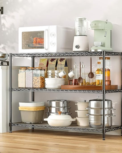 3-Shelf Adjustable Storage Shelves 36" W x 14" D x 36" H Metal Shelving Unit Heavy Duty Wire Rack Small Organizer with 3 Shelf Liners for Kitchen Pantry Bathroom Laundry Closet Garage Black