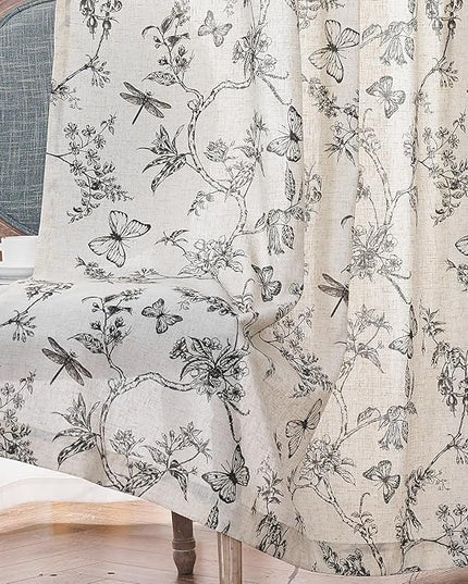 Lazzzy Linen Floral Farmhouse Curtains Black Curtains 90 Inch Length Drapes for Living Room Bedroom Pattern Light Filtering Country Vintage Curtain Grommet Top, 2 Panels, Black on Beige