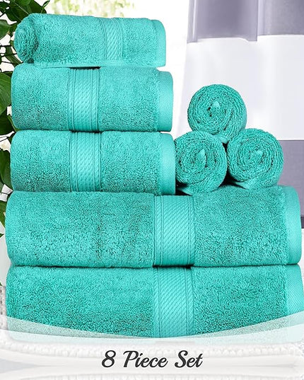 Superior Egyptian Cotton Pile 8 Piece Towel Set, Includes 2 Bath, 2 Hand, 4 Face Towels/Washcloths, Ultra Soft Luxury Towels, Thick Plush Essentials, Guest Bath, Spa, Hotel Bathroom, Turquoise