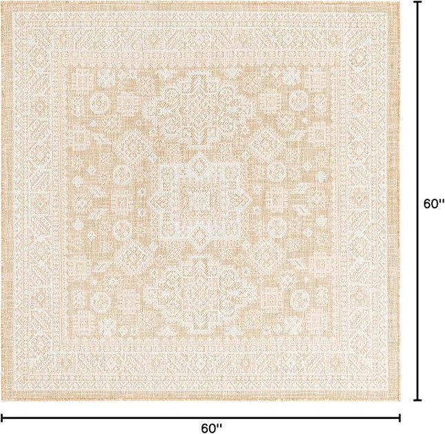 Rugs.com Outdoor Aztec Collection Rug – 5 Ft Square Natural Flatweave Rug Perfect for Living Rooms, Kitchens, Entryways
