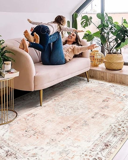 MUJOO Boho Rug 4'x6.5' Area Rugs for Bedroom Living Room Dining Room Pink Small Rugs Machine Washable Non Slip Carpet for Office Dorm Bedside Kitchen Laundry Room Floral