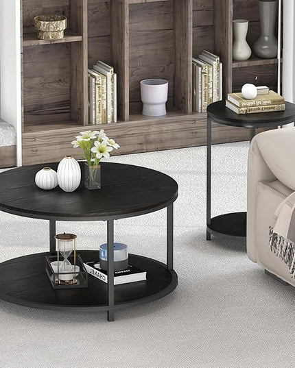 NSdirect Round Coffee Table, 25.6" Small Coffee Table for Living Room,2-Tier Rustic Wood Desktop with Storage Shelf Modern Design Home Furniture(Brown)