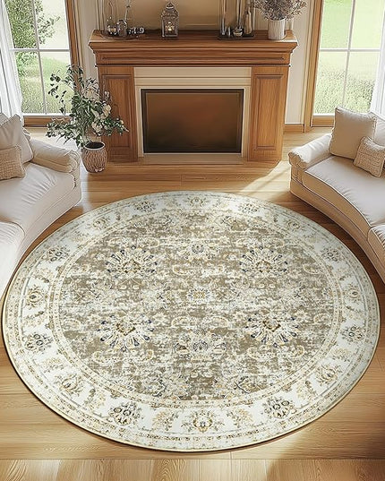 jinchan Fiora Round Rug 7ft Area Rugs - Vintage Floral Distressed Design Machine Washable Non-Slip Low-Pile Ultra-Thin Circle Rug for Living Room Dining Room Bedroom Farmhouse (7' Round, Taupe)