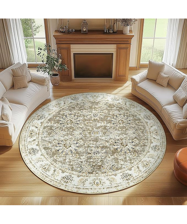 jinchan Fiora Round Rug 7ft Area Rugs - Vintage Floral Distressed Design Machine Washable Non-Slip Low-Pile Ultra-Thin Circle Rug for Living Room Dining Room Bedroom Farmhouse (7' Round, Taupe)