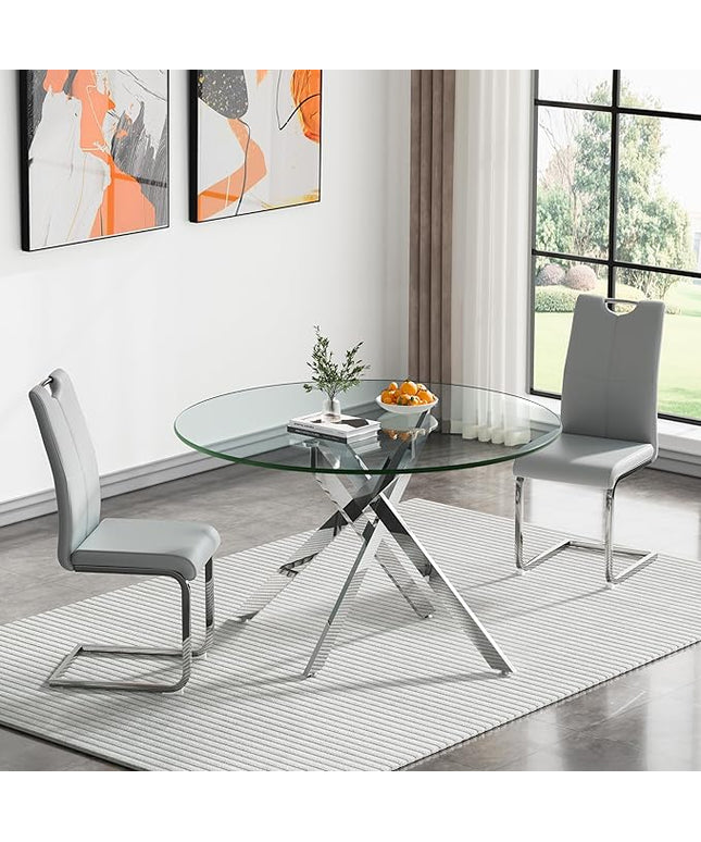 HomVent 3 Piece Round Glass Dining Table Set, Round Glass Kitchen Table Set for 2 with 2 PU Upholstered Dining Chairs for Kitchen Dining Room