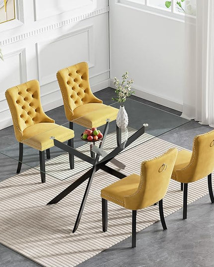 Modern 5-Piece Glass Dining Table Set for 4, Modern 60" Rectangle Black Glass Dining Room Table Set with Yellow Velvet Tufted Chairs Wood Legs for Kitchen Dining Room