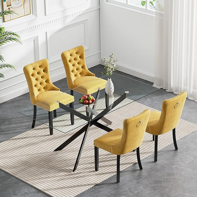 Modern 5-Piece Glass Dining Table Set for 4, Modern 60" Rectangle Black Glass Dining Room Table Set with Yellow Velvet Tufted Chairs Wood Legs for Kitchen Dining Room
