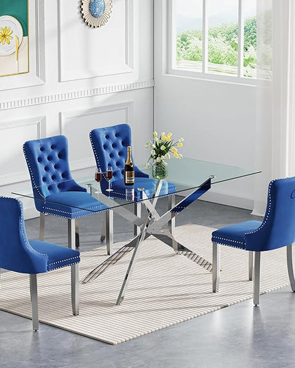 Rectangle Glass Dining Table Set for 4, 60'' Kitchen Table and Chairs Set, 5PCS Modern Dining Room Table Set with 4 Velvet Dining Chair for Home