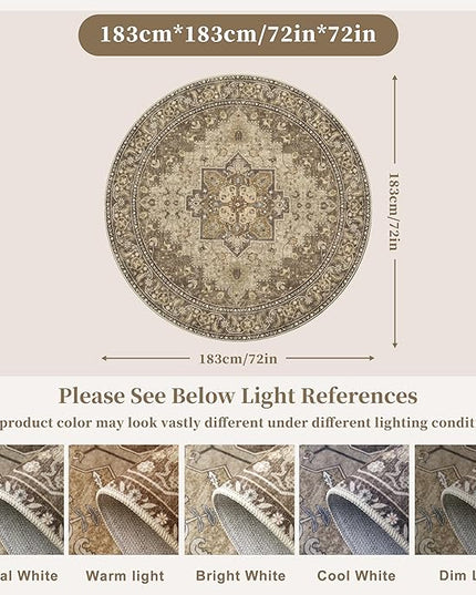 Ciicool Boho Circle Area Rug Washable 6x6ft Round Bedroom Rug Non-Slip Oriental Throw Rug Low-Pile Floor Carpet for Dining Room Living Room
