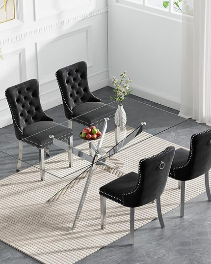Rectangle Glass Dining Table Set for 4, 60'' Kitchen Table and Chairs Set, 5PCS Modern Dining Room Table Set with 4 Velvet Dining Chair for Home