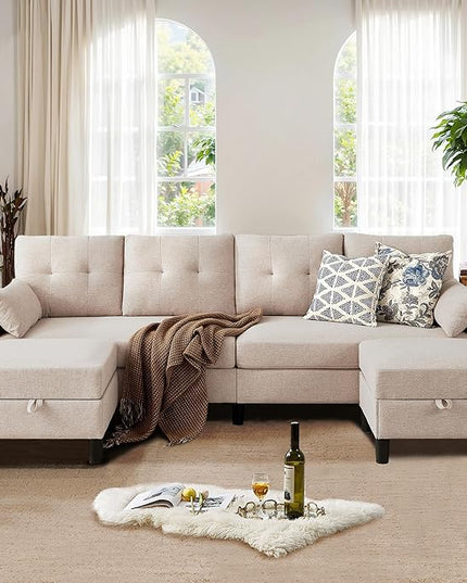 Sectional Sofa with Storage Seats, 4 Seater U Shaped Couch with 2 Movable Ottoman Chaises for Living Room, Polyester Cover & Soft Cushions, 101" Combination Sectional Couch, Beige