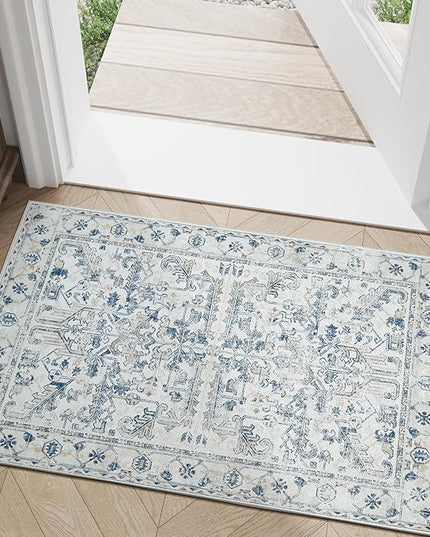 jinchan Lima 2x3 Washable Rug for Entryway - Vintage Floral Ultra-Thin Low Pile Soft Small Non Slip Distressed Indoor Door mat Accent Area Rug for Entrance Kitchen Bathroom Bedroom (2x3ft, Blue)