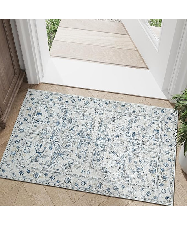 jinchan Lima 2x3 Washable Rug for Entryway - Vintage Floral Ultra-Thin Low Pile Soft Small Non Slip Distressed Indoor Door mat Accent Area Rug for Entrance Kitchen Bathroom Bedroom (2x3ft, Blue)