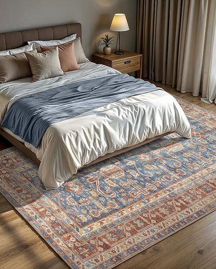 GLN Rugs Traditional Collection - Machine Washable Area Rug, Traditional Washable, Non Slip, Low Pile Chenille Rug, Living Room, Bedroom, Kitchen Rug (7'10"x10' Terra/Blue)