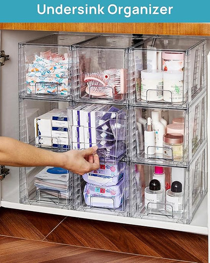Vtopmart 6 Pack Large Stackable Storage Drawers,Easily Assemble Acrylic Bathroom Closet Undersink Organizers and Storage,Plastic Bins for Kitchen Cabinets,Pantry,Makeup,Medicine Organization