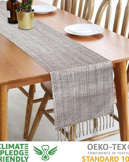Urban Villa, 100% Cotton Two Tone Table Runner,14''x 72'' Over Sized Taupe/White Two Tone Table Runner with Fringes, Every Day Use Heavier Quality Christmas Runners