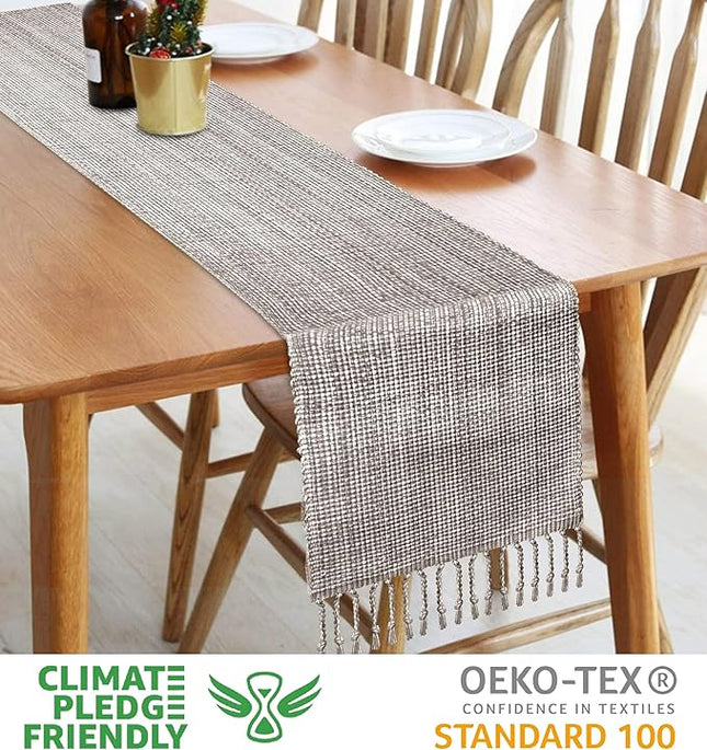 Urban Villa, 100% Cotton Two Tone Table Runner,14''x 72'' Over Sized Taupe/White Two Tone Table Runner with Fringes, Every Day Use Heavier Quality Christmas Runners