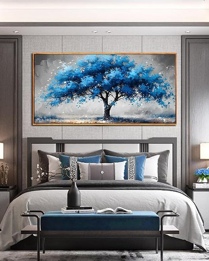 Ouzzlie Tree Wall Decor Light Blue Wall Art for Living Room Gray Painting Large Artwork 29" x 59"