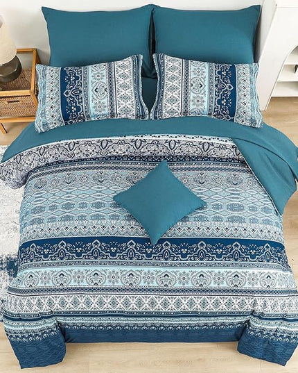 Cottolester Boho Comforter Set King Size 8 Pieces, Teal Blue Comforter Bohemian Striped Bed in A Bag, Soft Microfiber Bedding Set for All Seasons