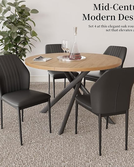 45.3 Inch Round Dining Table Set for 4, Mid Century Modern Small Kitchen Coffee Set for Dining Room Kitchen Apartment (Oak Table + 4 Black Chairs)