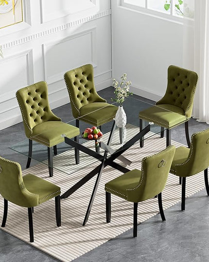 HomVent 7 Piece Rectangular Glass Dining Table Set, Tempered Glass Dinner Table Set for 6 Kitchen Table Set with 6 Velvet Upholstered Chairs for Kitchen Dining Room