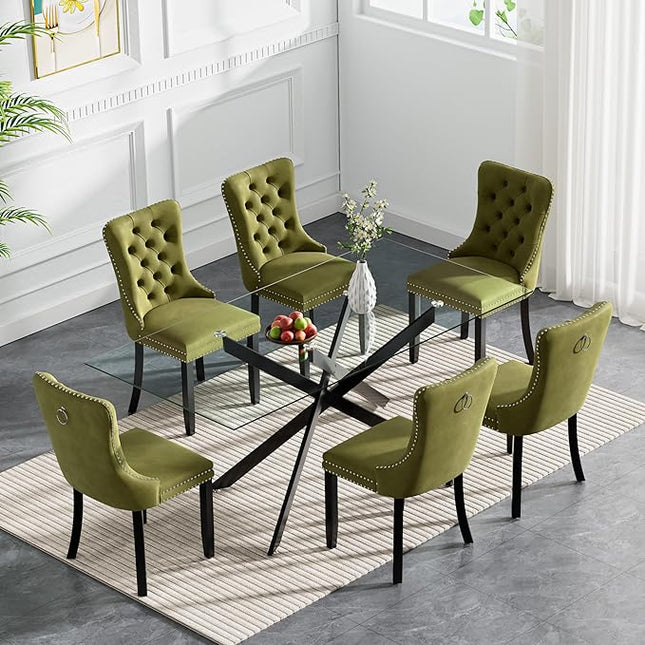 HomVent 7 Piece Rectangular Glass Dining Table Set, Tempered Glass Dinner Table Set for 6 Kitchen Table Set with 6 Velvet Upholstered Chairs for Kitchen Dining Room