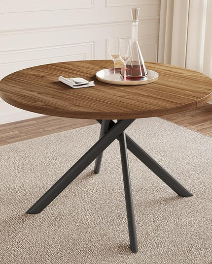 45.3 Inch Modern Round Dining Table for 4, Space-Saving Dinette with Carbon Steel Legs for Home Kitchen Apartment(Light Walnut Table)