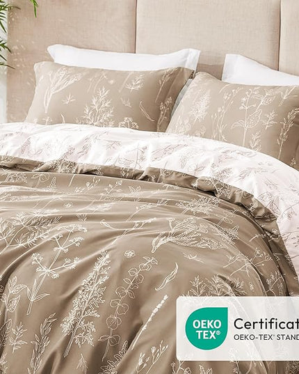 Love's cabin Light Taupe Full Comforter Set - Full Size Comforter Set, 3 Pieces Cute Floral Bedding Sets for All Seasons,1 Soft Reversible Botanical Flowers Comforter and 2 Pillow Shams