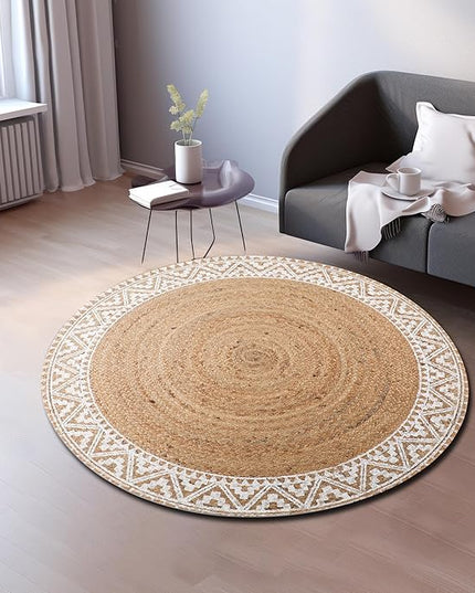 voyzz home Premium Natural Jute Braided Area Rug, 3-feet Round, White Printed Border, Stain Resistance, Natural Handmade Rug for Entryways, Living Room, Dining Room, Bedroom, Farmhouse, Kitchen