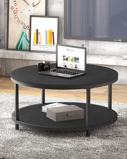 NSdirect Round Coffee Table, 36" Rustic Wooden Surface Top & Sturdy Metal Legs Industrial Sofa Table for Living Room Modern Design Home Furniture with Storage Open Shelf (Black Oak)