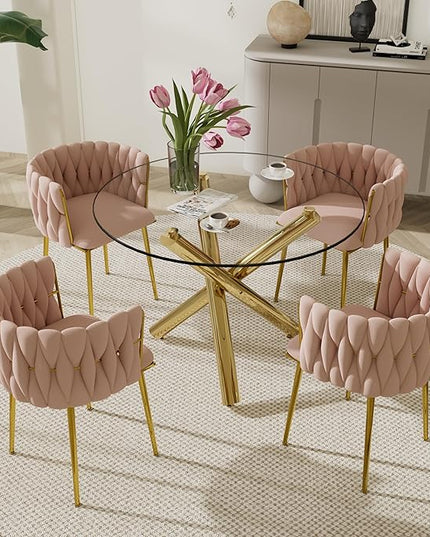 Gold Glass Round Dining Table Set for 4, 39'' Clear Dinner Table Set, 5 PCS Modern Circle Kitchen Table and Pink Woven Chairs Set, Luxury Circular Dinette Set, for Small Apartment Home