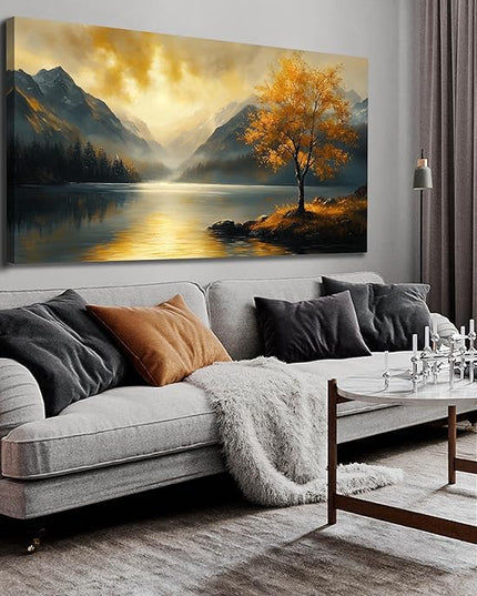 Ouzzlie Lake Wall Art Landscape Wall Decor Yellow Tree Canvas Art for Living Room Office Bedroom Sunshine Forest Large Picture 29" x 59"
