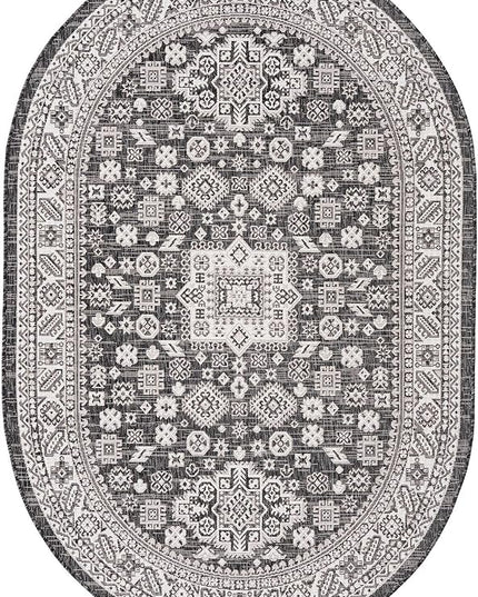 Rugs.com Outdoor Aztec Collection Rug – 5' x 8' Oval Charcoal Gray Flatweave Rug Perfect for Living Rooms, Large Dining Rooms, Open Floorplans