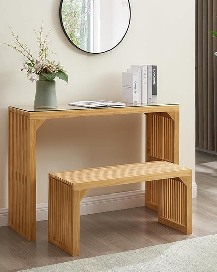 Pine Dining Long Bench and Table Set with Small Tempered Glass - Versatile Indoor Wood Furniture for Entryway, Living Room, Kitchen, and Bedroom Spaces